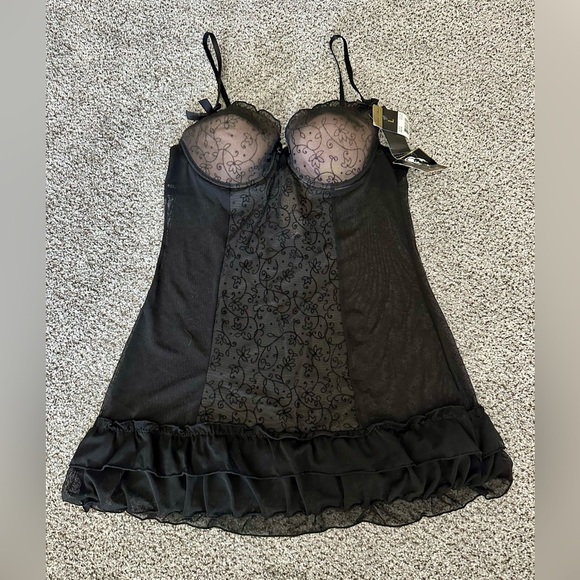 MARILYN MONROE Size L Black Floral Lace Nude Ruffles Nightie Chemise Slip NWT - Picture 1 of 7